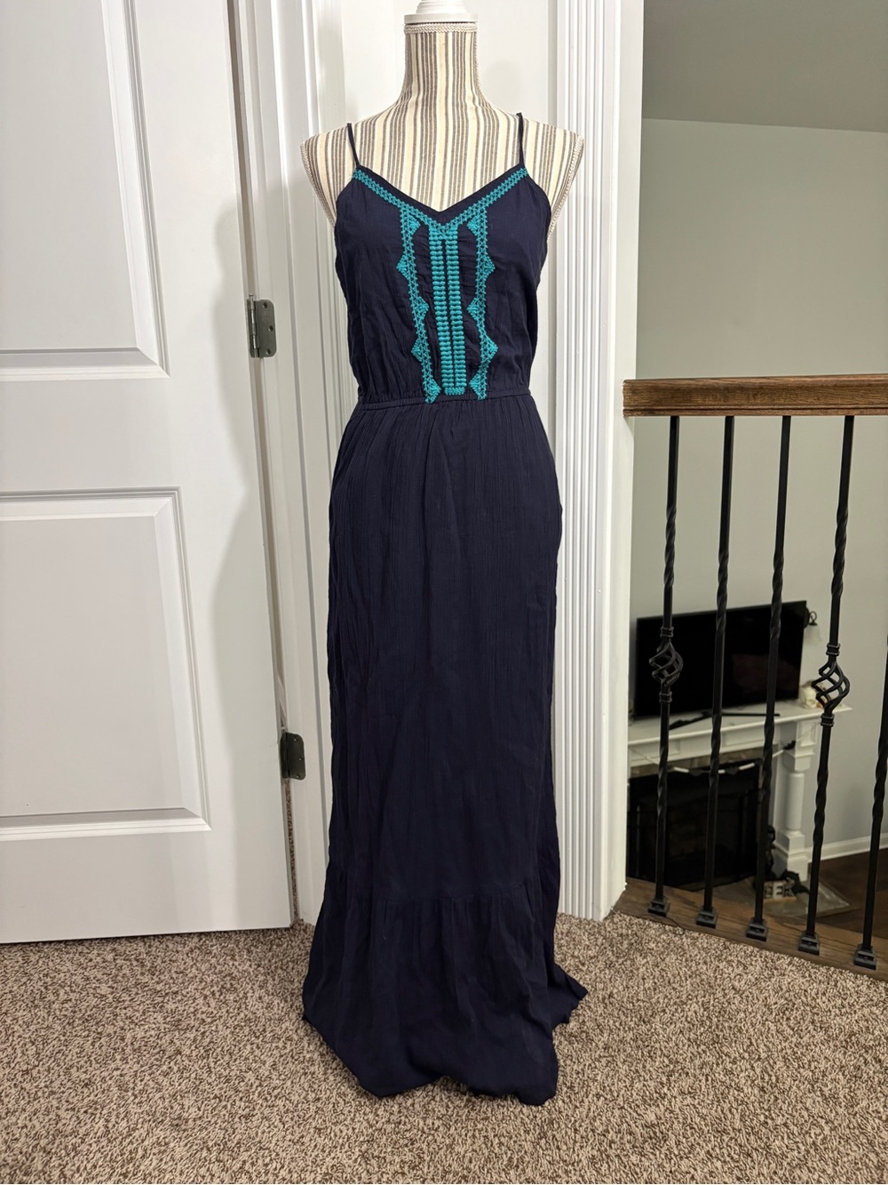 GAP Navy Maxi Dress with Teal Embroidery